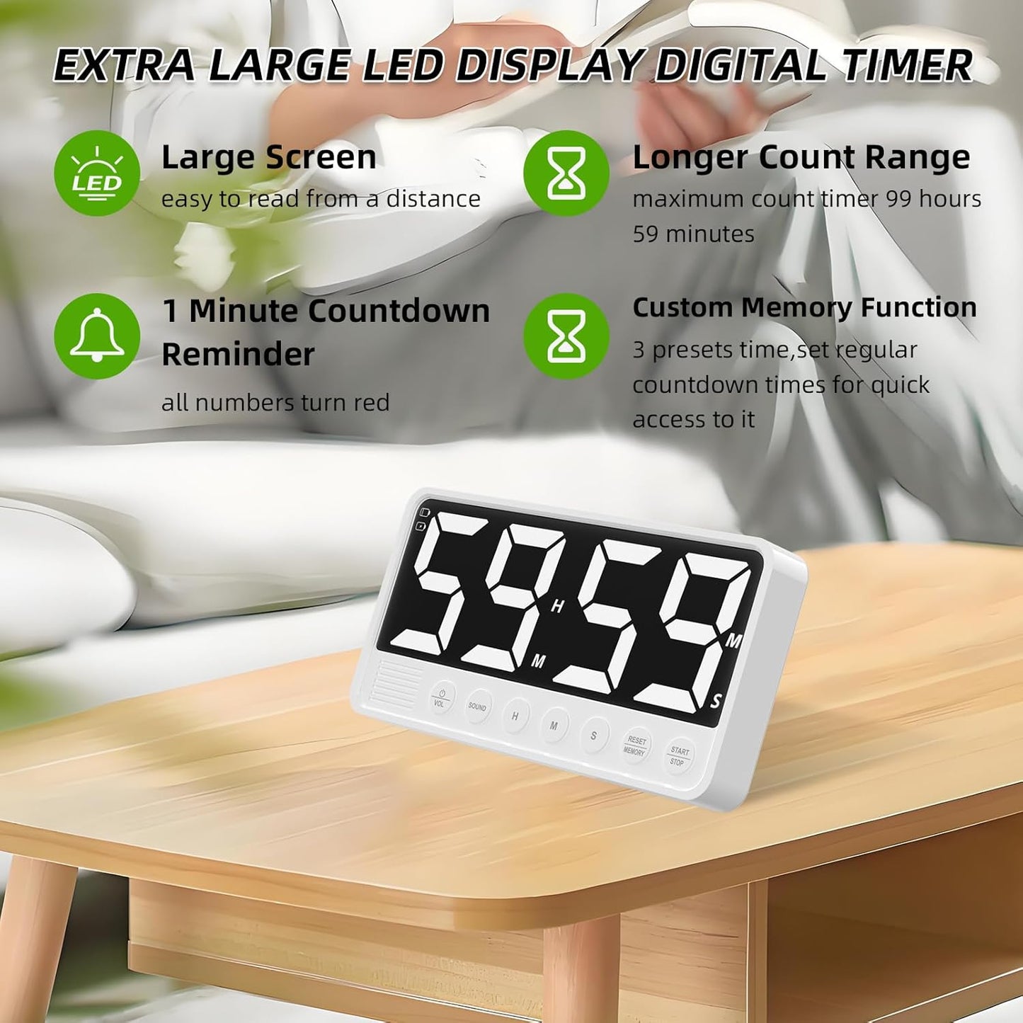 Extra-Large Display Digital Kitchen Timer with 7.4” LED Screen, 6 Alarms & 4 Volume Levels, 3 Memory Presets, Magnetic Stand Rechargeable Count Down/Up Timer for Cooking Home Gym, White