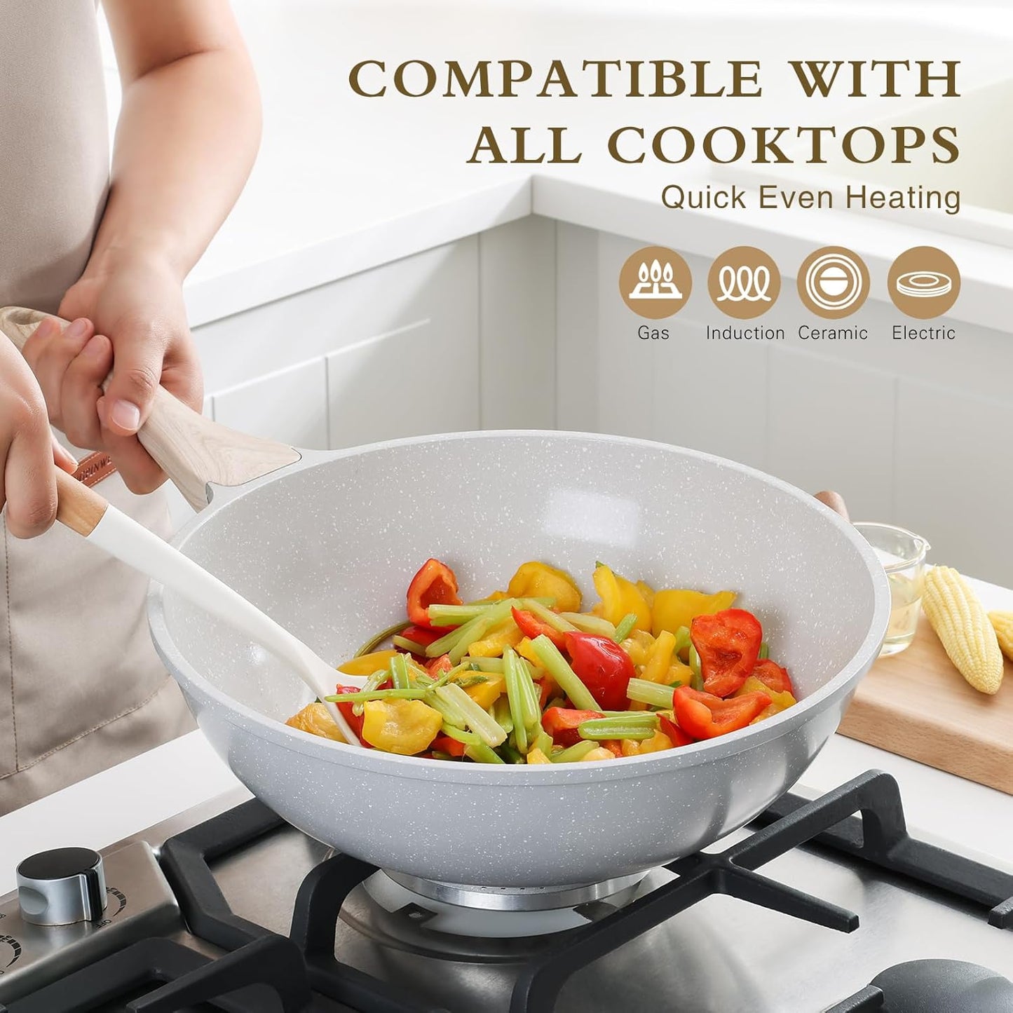 Ceramic Wok Pan, 12 Inch Nonstick Wok with Lid, Healthy Non Toxic Woks & Stir-fry Pans for Cooking, Induction Cookware, PFOA & PFAS Free