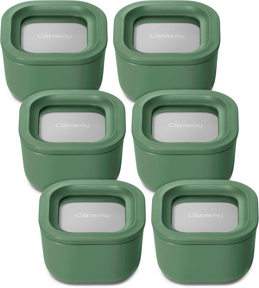 Caraway 6pc Food Storage Container Set - 1.75 Cup Glass Storage Container for Food (6) - Non-Toxic Ceramic-Coated Glass - Air Release Technology - Compact & Stackable Design - Sage