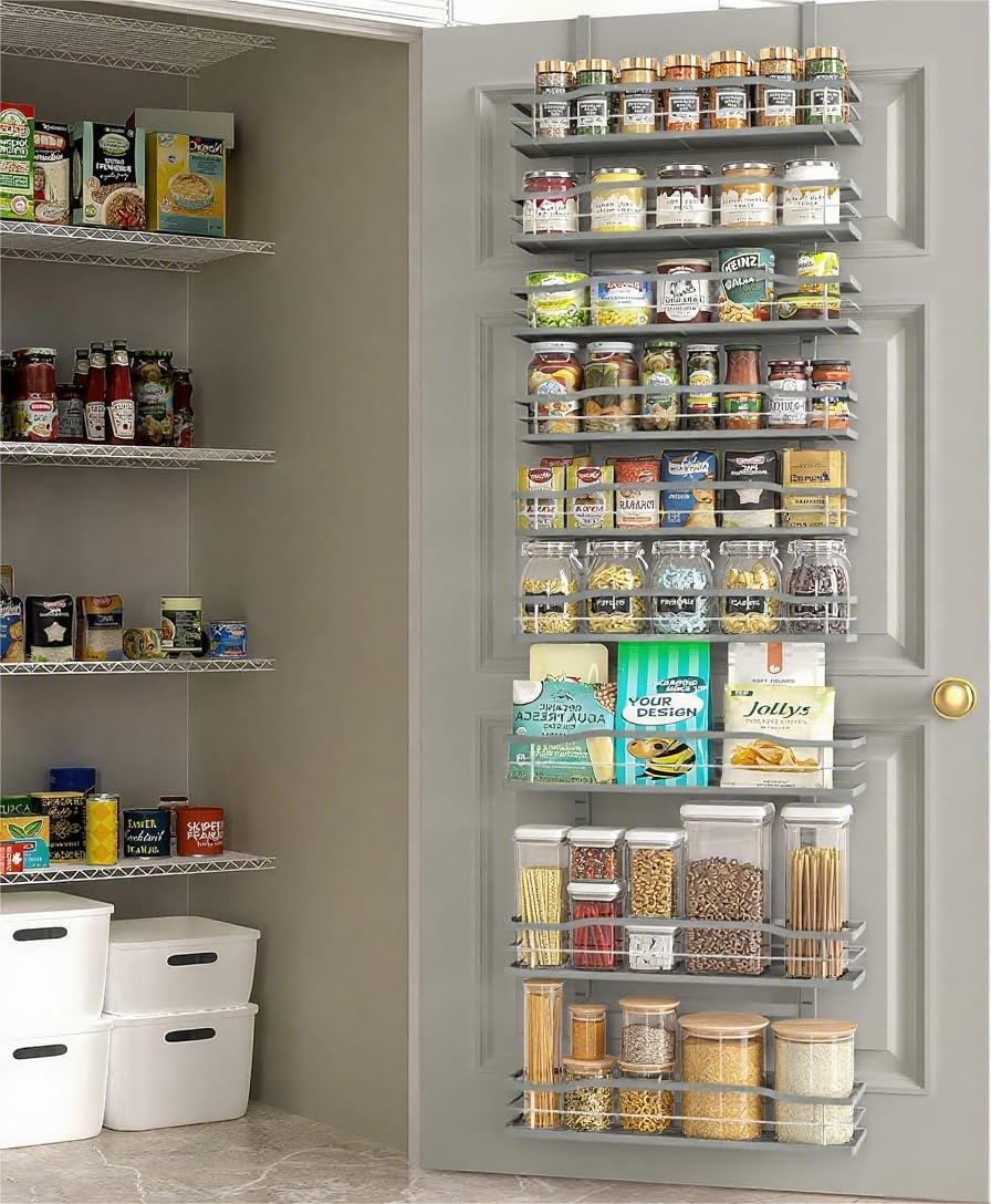 Moforoco Grey 9-Tier Over The Door Pantry Organizer, Pantry Organization and Storage, Black Hanging Basket Wall Spice Rack Seasoning Shelves