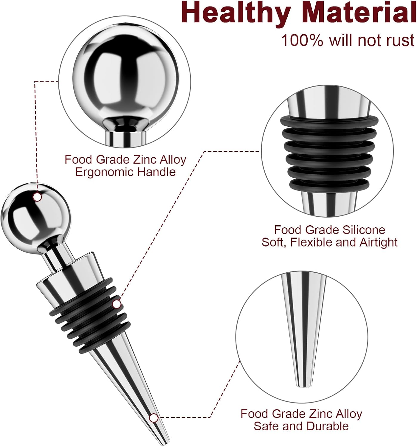 Wine Stoppers for Wine Bottles 3Pcs Vacuum Wine Bottle Stopper with Silicone Reusable Wine Corks, Leak proof Keep Fresh Suitable for Standard (Silver, 3 Pack)