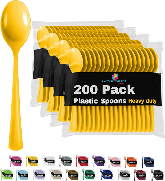 Heavy Duty Plastic Cutlery - 200 Pcs, Disposable Yellow Plastic Spoons - Flatware, Silverware