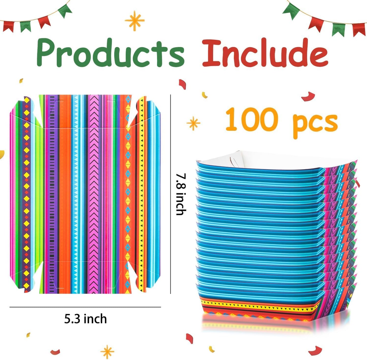 Mexican Taco Nights Food Trays 100Pcs Hispanic Heritage Month Mexican Nacho Popcorn Assembled Trays Snack Candy Holder Disposable Paper Plates Birthday Carnival Party Picnic Food Containers