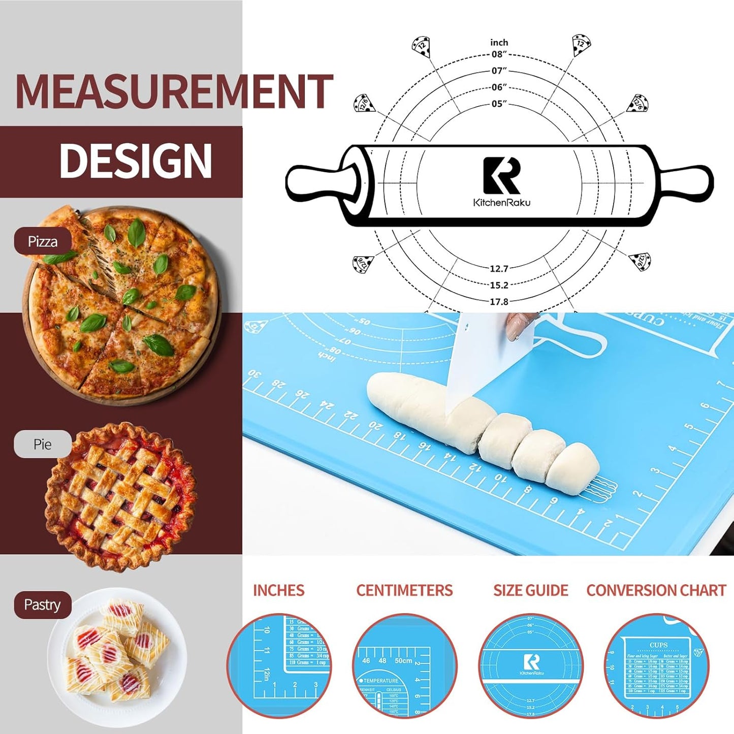 Silicone Baking Mat 20"L x 28"W, Extra Thick Dough Rolling Pad with Measurements and Edge Heightening, Non-stick Food Grade Silicone Pastry Mat for Pastry, Bread, Cookies