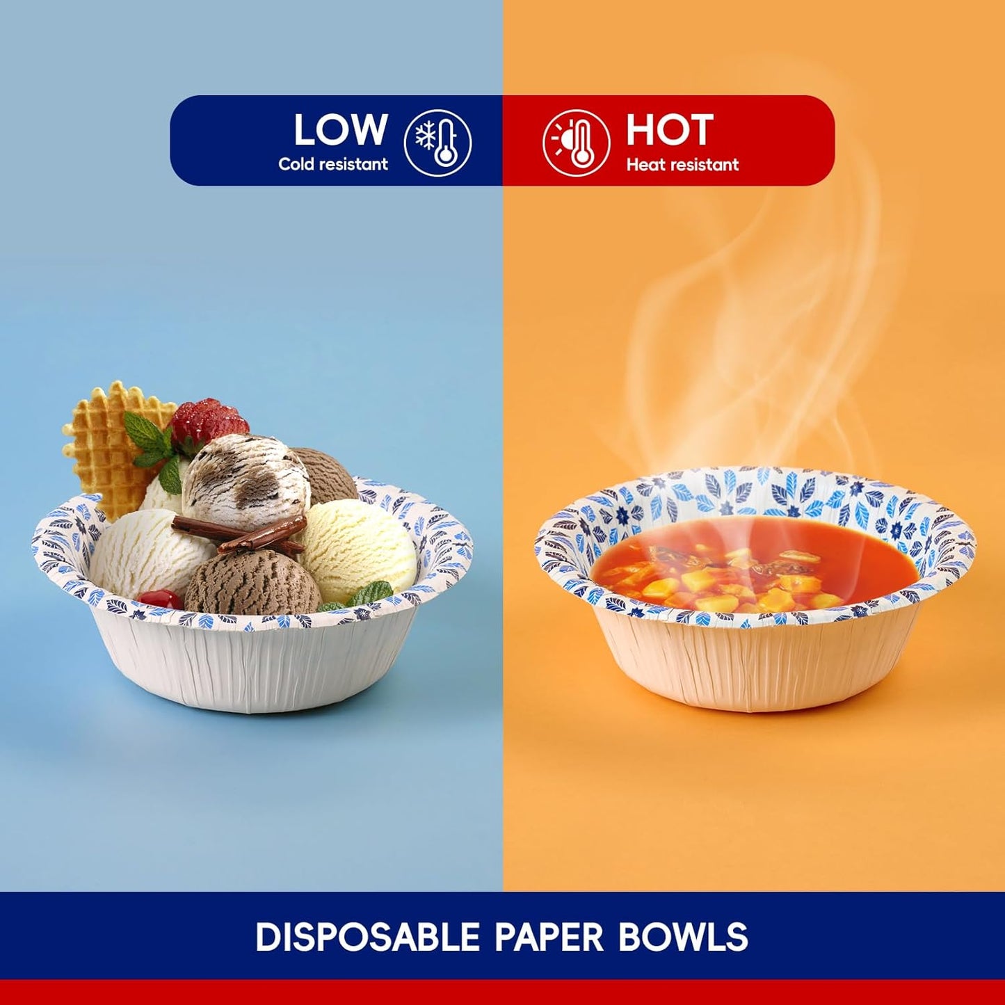 JOLLY CHEF 16 oz Paper Bowls 156 Count Soak Proof, Heavy Duty Printed Disposable Small Bowls Bulk for Dinner or Lunch