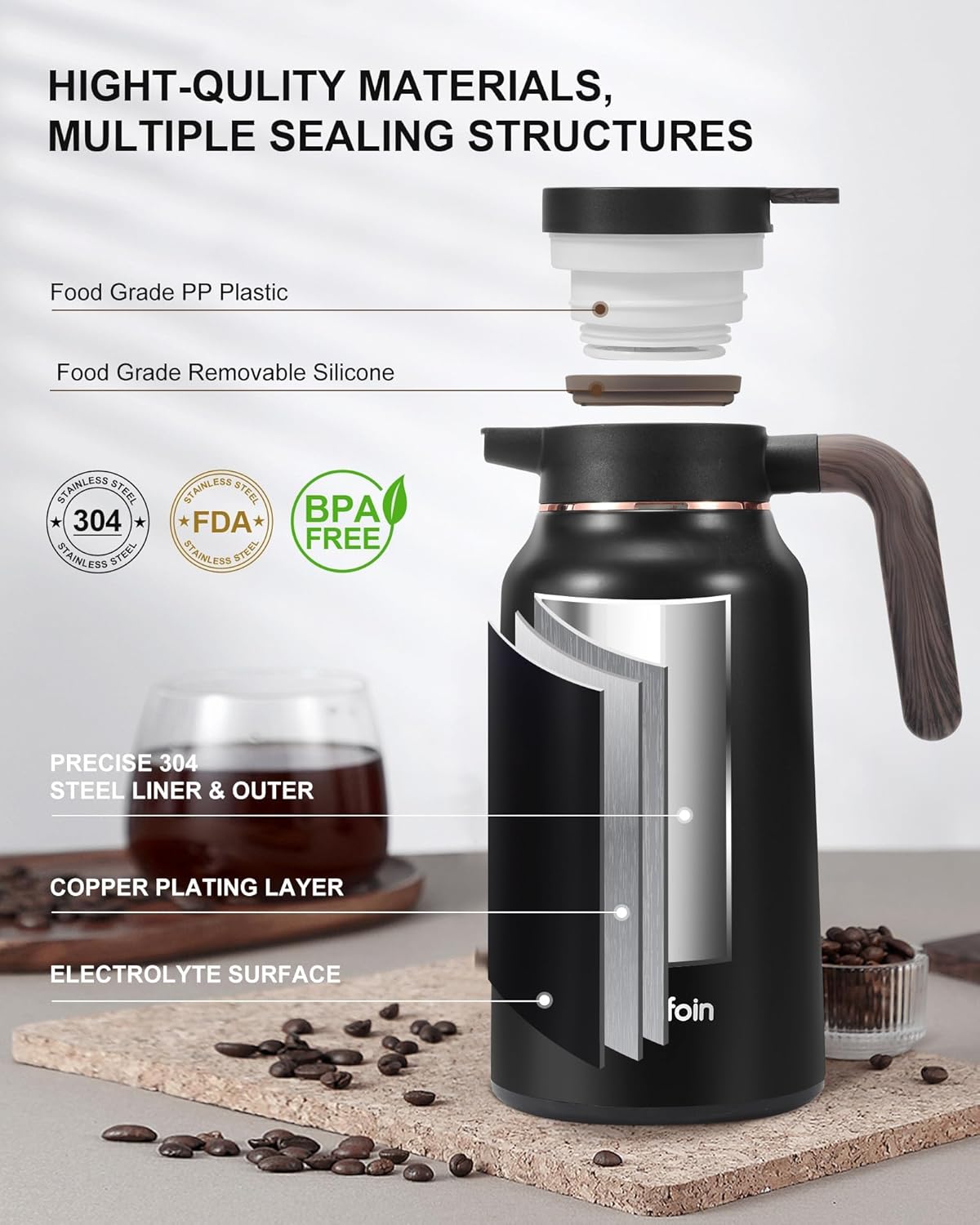 Carafes for Hot Liquids 70 oz - 12 Hour Stainless Steel Thermal Coffee Carafe-Insulated Coffee Carafes For Keeping Hot/Cold Coffee, Tea, Water, Drink Dispenser for Parties(2 Black)