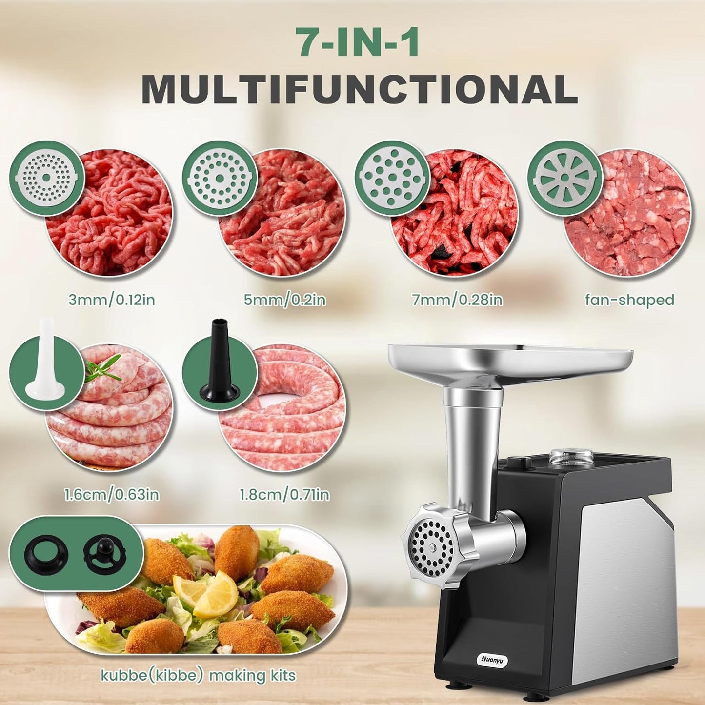 Huanyu Electric Meat Grinder for Home Use, Quiet for Apartment Cooking, Process Beef & Venison in 90s, Sausage Kubbe Prep Kit 110v