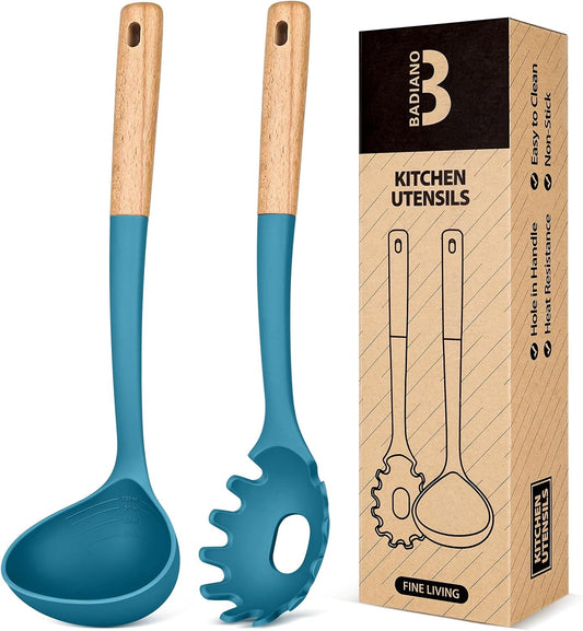 Pasta Fork and Ladle Set, Perfect for Serving Hot Soup, Stirring, and Sauce Pasta, BPA-Free Matte Silicone, Wood Handle Spaghetti Spoon for Nonstick Cooking Surfaces (Blue)