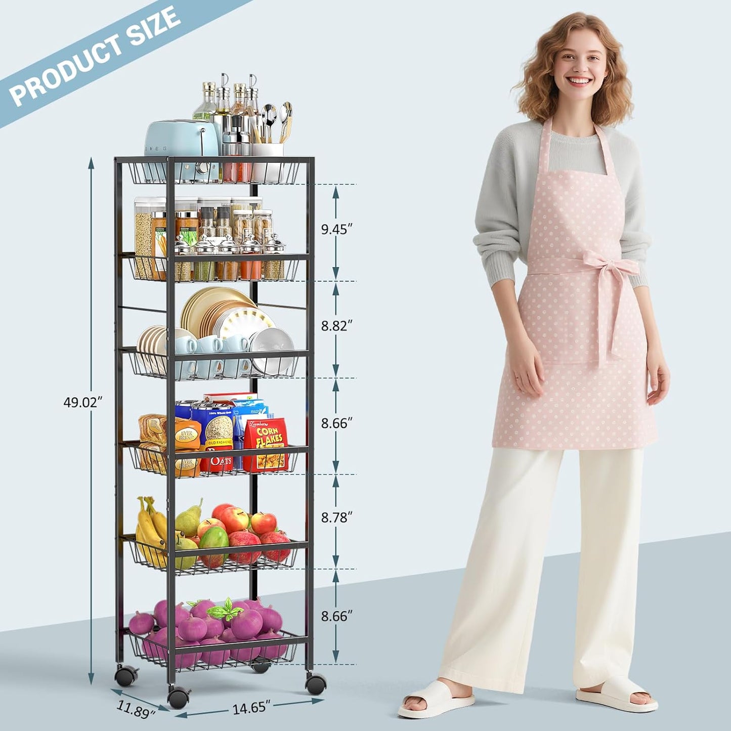 Fruit Vegetable Basket for Kitchen, 6 Tier Fruit and Vegetable Storage Cart, Metal Wire Storage Baskets with Wheels, Small Rolling Cart Organizer Rack for Pantry, Living Room, Bathroom