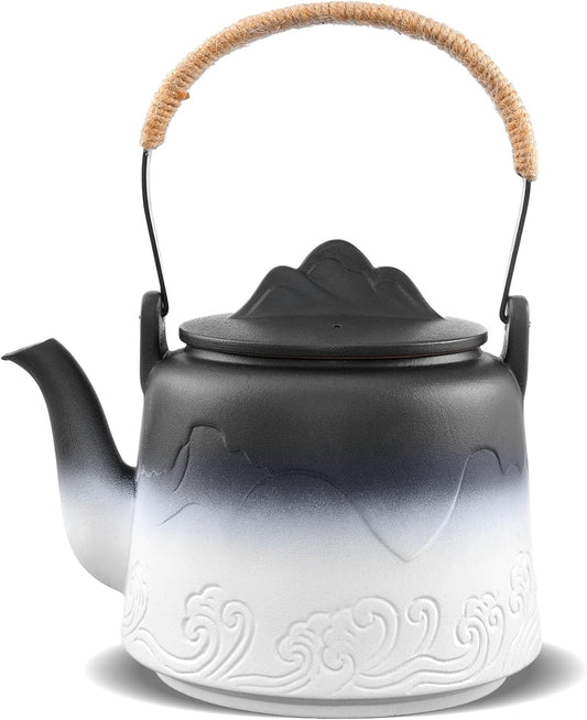 ZENS Vintage Japanese Teapot, 33.8 oz Gradient Embossed Ceramic Loose Leaf Tea Pot with Built-in Filter for Tea Steeper, Hemp Rope Handle Japanese Teapot for Tea Lovers Gifts, Black & White