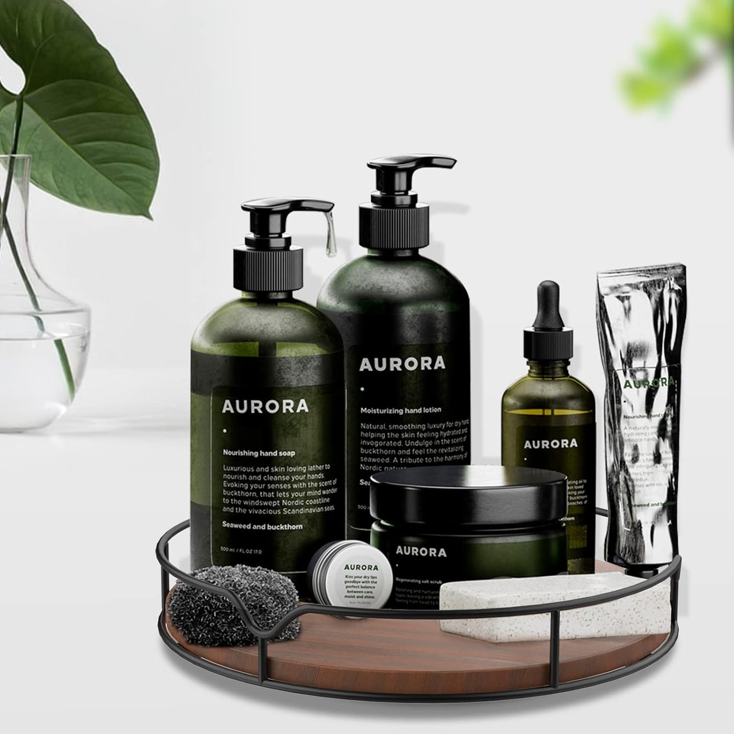 Lazy Susan Turntable Organizer for Cabinet Pantry Kitchen Countertop Refrigerator Cupboard, Pine Wood, 9", Brown