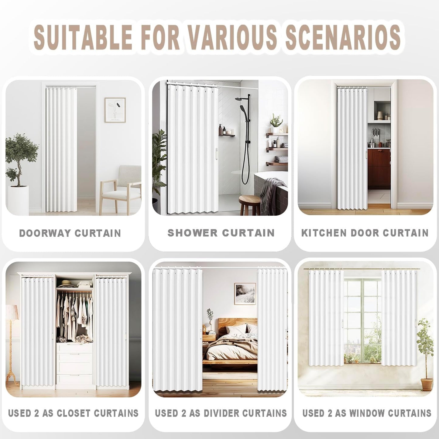 Vatge Pleated Folding Curtains for Doorway - Laundry Room Curtains for Doorway, Bedroom, and Closet Without Door, Room Divider Curtain for Closet Door, 1 Panel with Tieback, W52 x L78, White