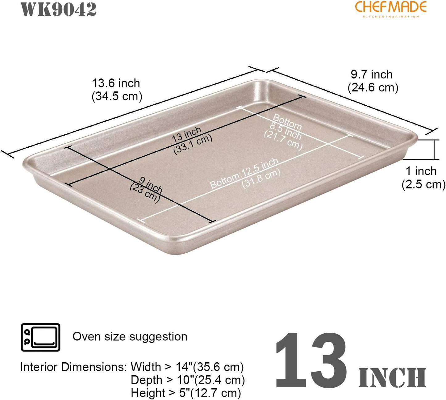 CHEFMADE 13-Inch Rimmed Baking Pan, Non-Stick Carbon Steel Cookie Sheet Pan for Oven Roasting Meat Bread Jelly Roll Battenberg Pizzas Pastries 9.7" x 13.6" x 1" (Champagne Gold)