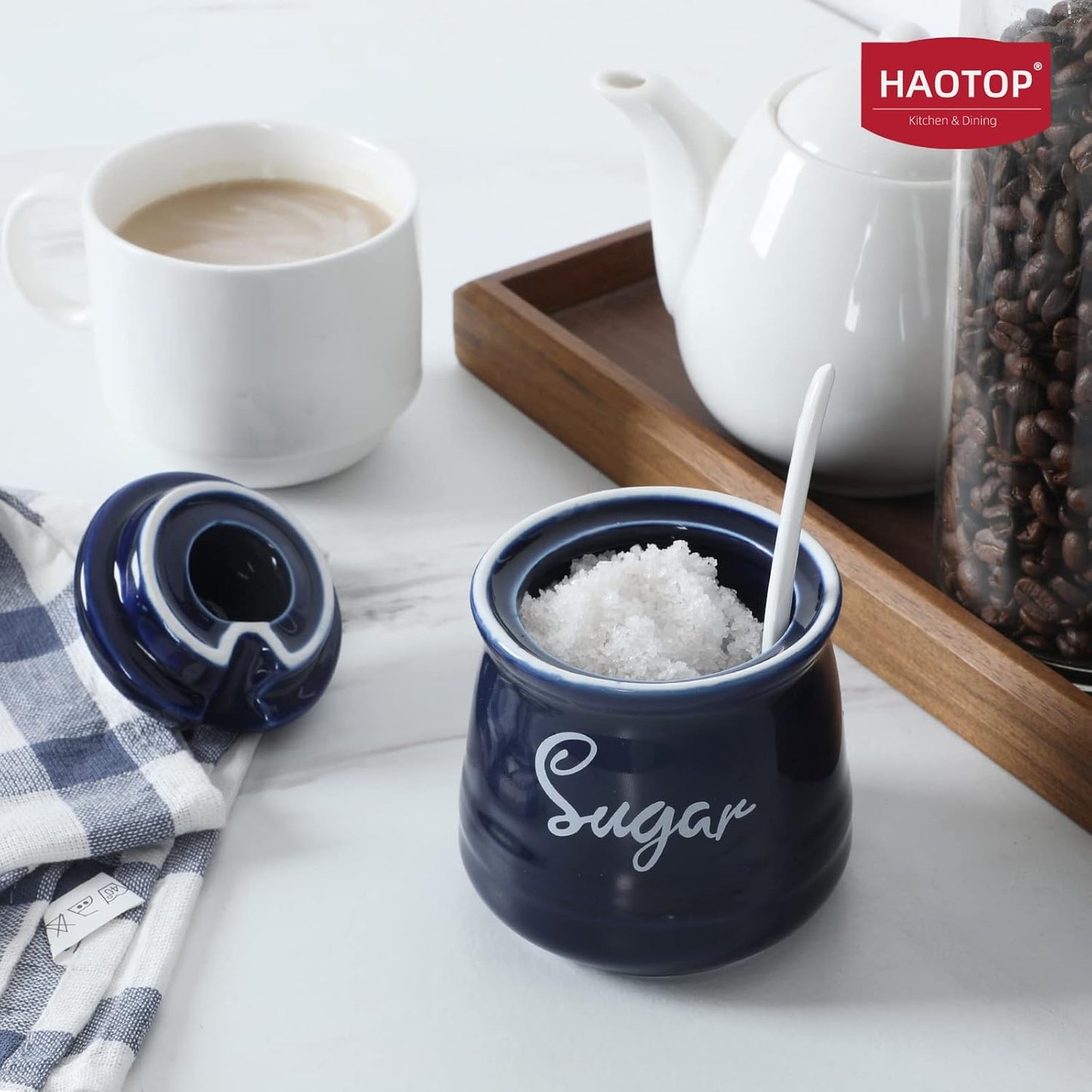 HAOTOP Farmhouse Porcelain Sugar Bowl with Lid and Spoon 12oz,Easy to Clean (Navy)