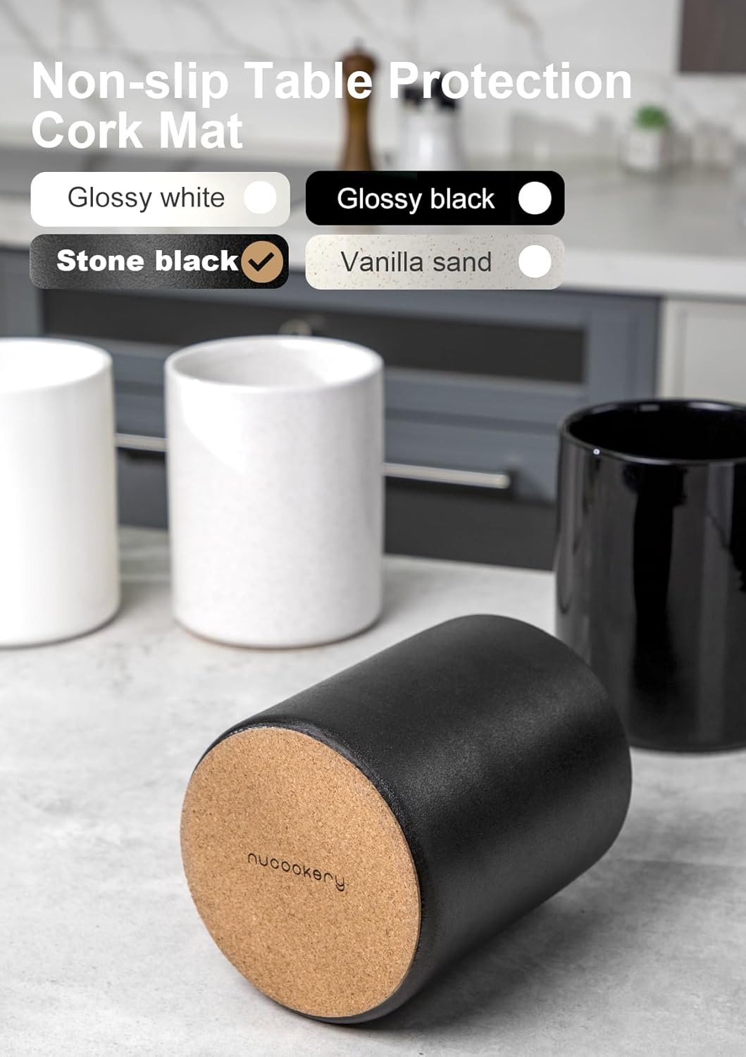 Nucookery Utensil Holder, 6.4" Ceramic Kitchen Utensil Holder with Countertop-Protection Cork Bottom, Farmhouse Kitchen Decor for Counter, Christmas Gift (Stone Black)