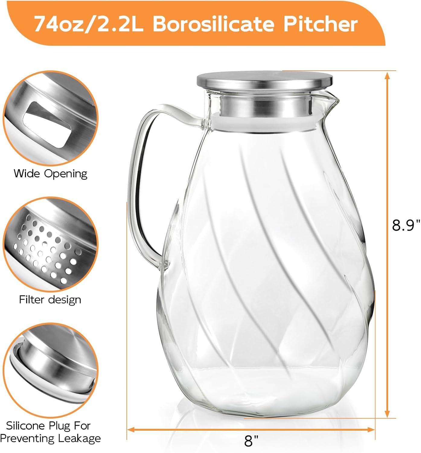DRASTAR Glass Pitcher with Lid, 2.2L Water Pitcher, 74oz Tea Pitcher for Drinks, Borosilicate Glass Water Jug Cold Or Hot Beverages, Lemonade Pitcher, Glass Water Carafe With Lid
