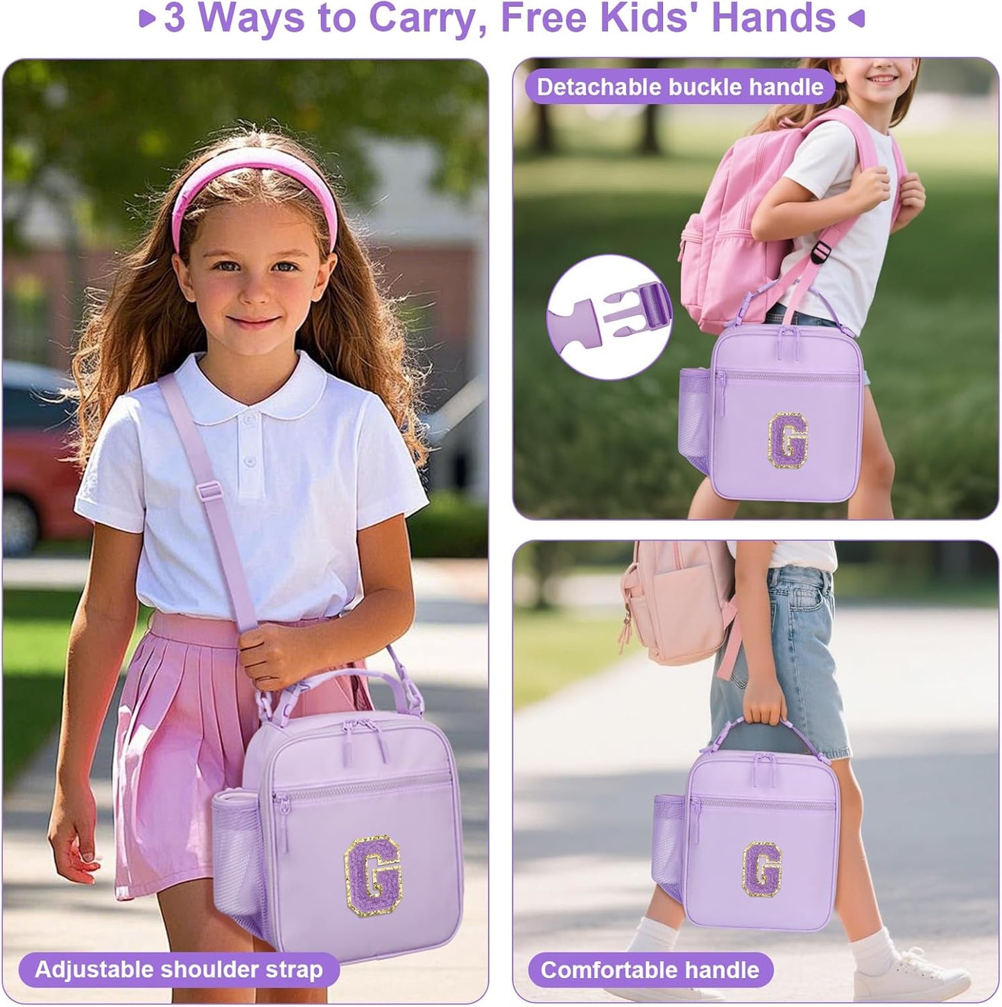 Initial Insulated Lunch Bag for Girls Kids, Back to School Gift, Reusable Leak-proof Lunch Box with Adjustable Strap for School Daycare Travel Picnic (Purple,G)