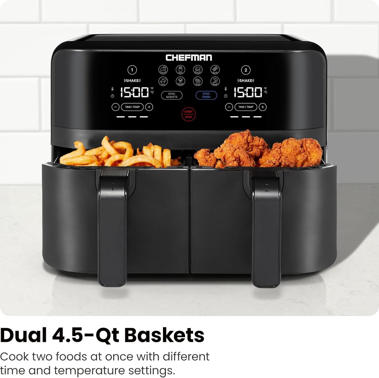 Chefman TurboFry Touch Dual Air Fryer, Maximize The Healthiest Meals With Double Basket Capacity, One-Touch Digital Controls And Shake Reminder For The Perfect Crispy And Low-Calorie Finish