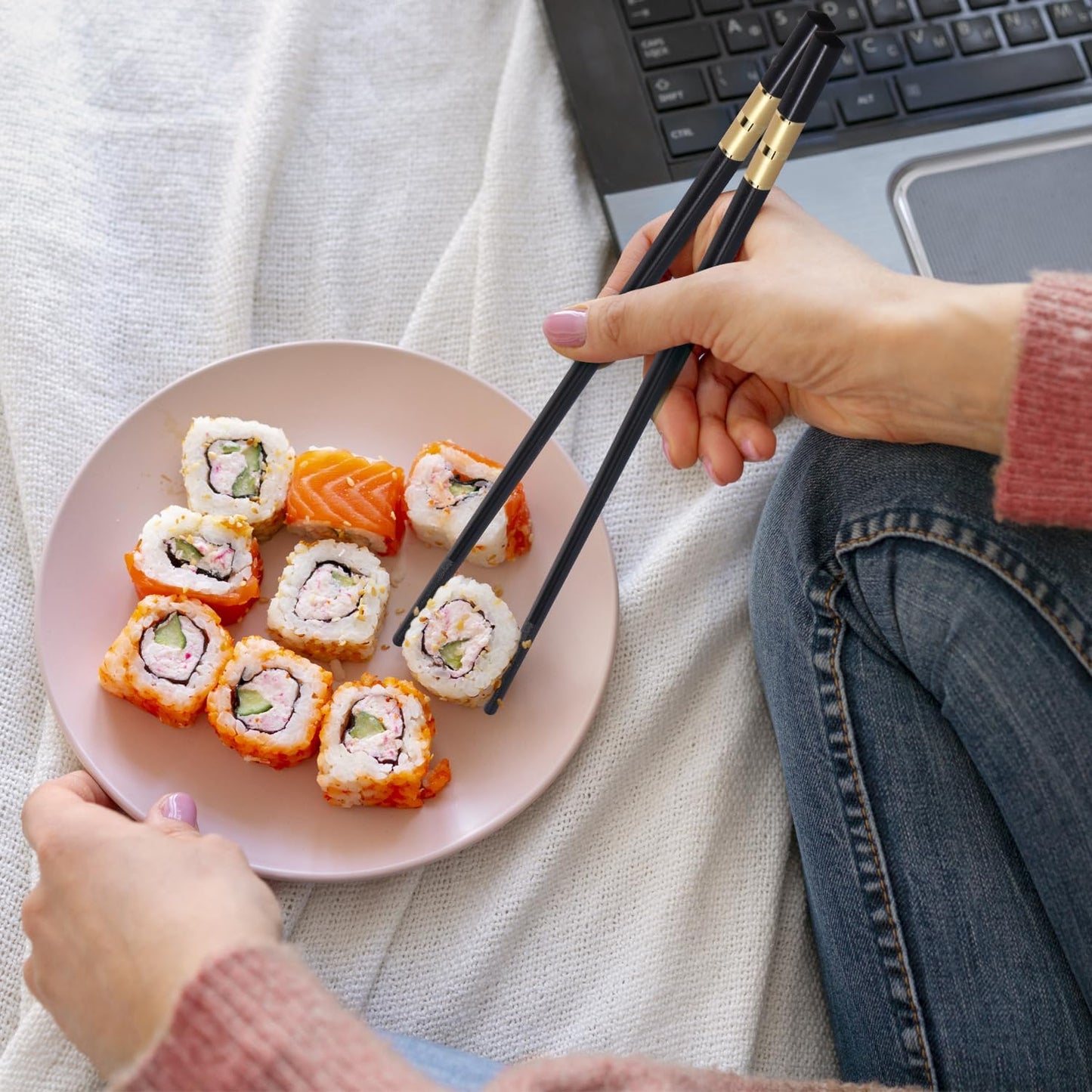 GLAMFIELDS 5 Pairs Premium Chopsticks Reusable Dishwasher Safe 9.5 Inch Fiberglass Chop Sticks Gift Set Non Slip Black+Gold