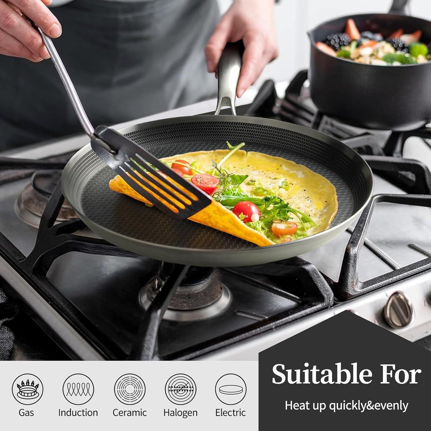 Stainless Steel Crepe Pan - 11inch Nonstick Crepe Pan, Stainless Steel Honeycomb Coating Pancake Pan, Non Stick Flat Skillet Tawa Dosa Tortilla Griddle Pan, Induction Compatible, PFOA Free