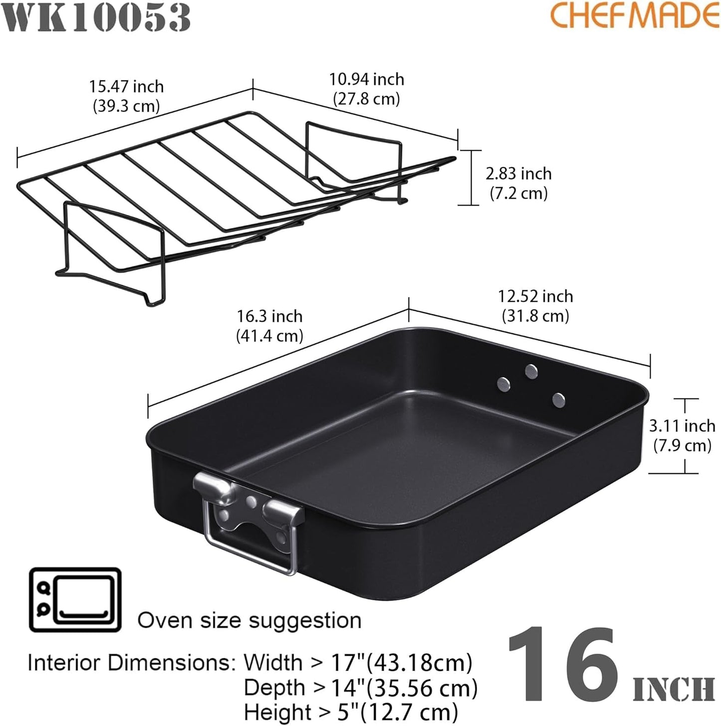 CHEFMADE Large Roasting Pan, 16-Inch Turkey Roasting Pan with V Rack, Nonstick Baking Pan for Lasagna Vegetable and Meat 16.3" x 12.52" x 3.11"