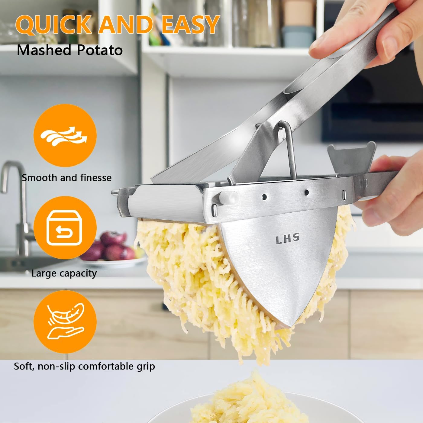 LHS Stainless Steel Potato Ricer and Masher, Heavy Duty Commercial Food Masher, Ergonomic Comfort Grip, Extra Large Capacity, Dishwasher Safe (White)