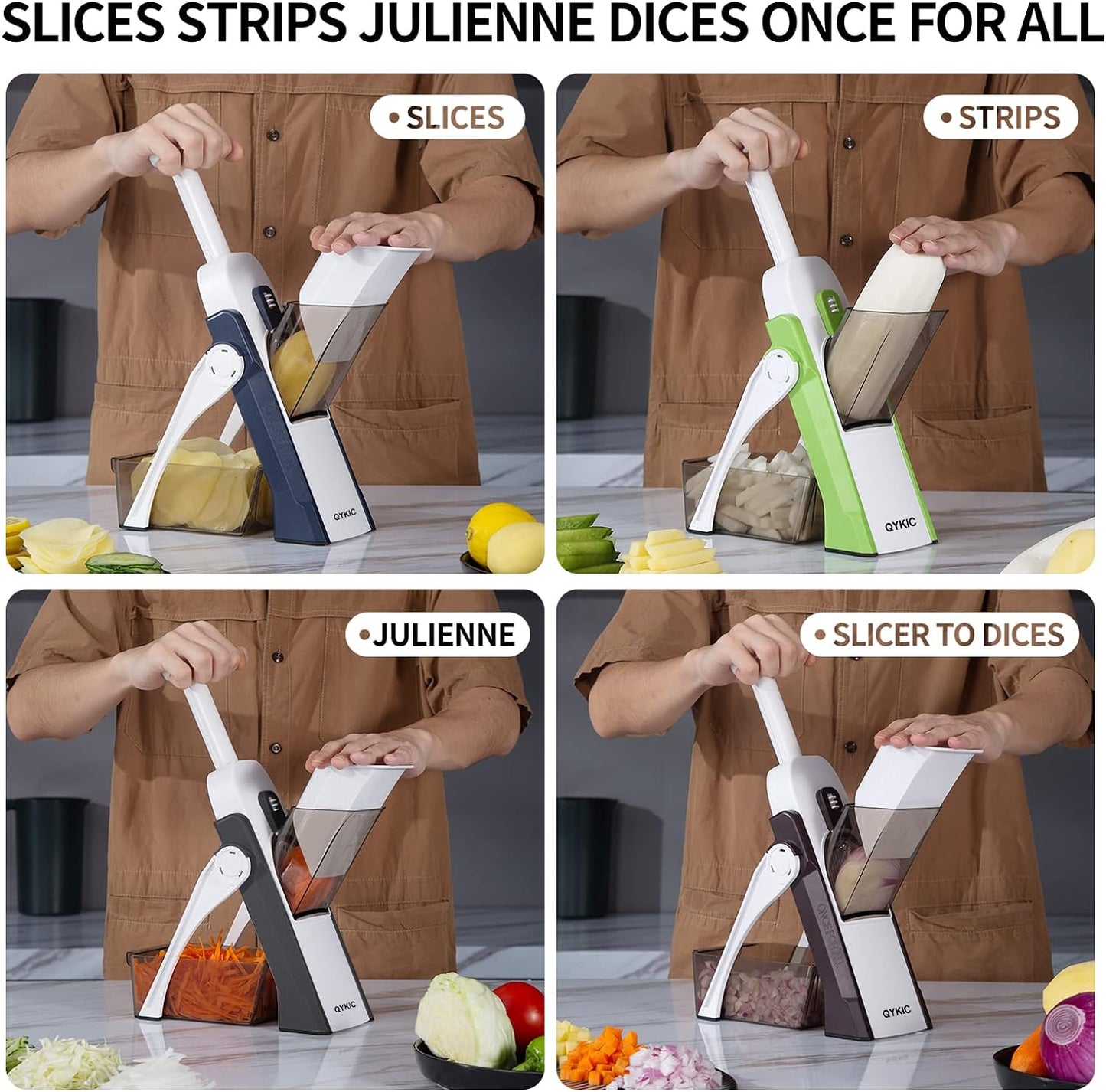 Safe Mandoline Slicer 5 in 1 Vegetable Chopper Food Potato Cutter, Strips Julienne Dicer Adjustable Thickness 0.1-8 mm Kitchen Chopping Artifact Fast Meal Prep