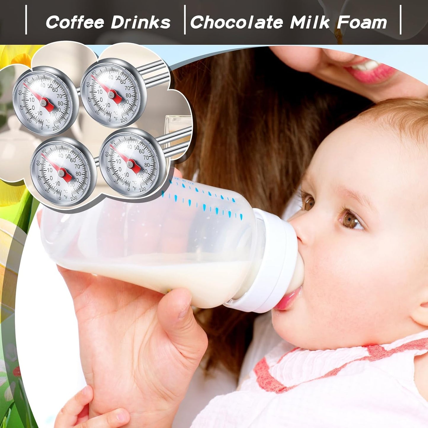 Xuhal 6 Pcs Stainless Steel Kitchen Thermometer with 5 Inch Long Stem 1 Inch Dial Thermometer Milk Frothing Food for Oven Probe Meat Grill BBQ Cooking Chocolate Water(Black)