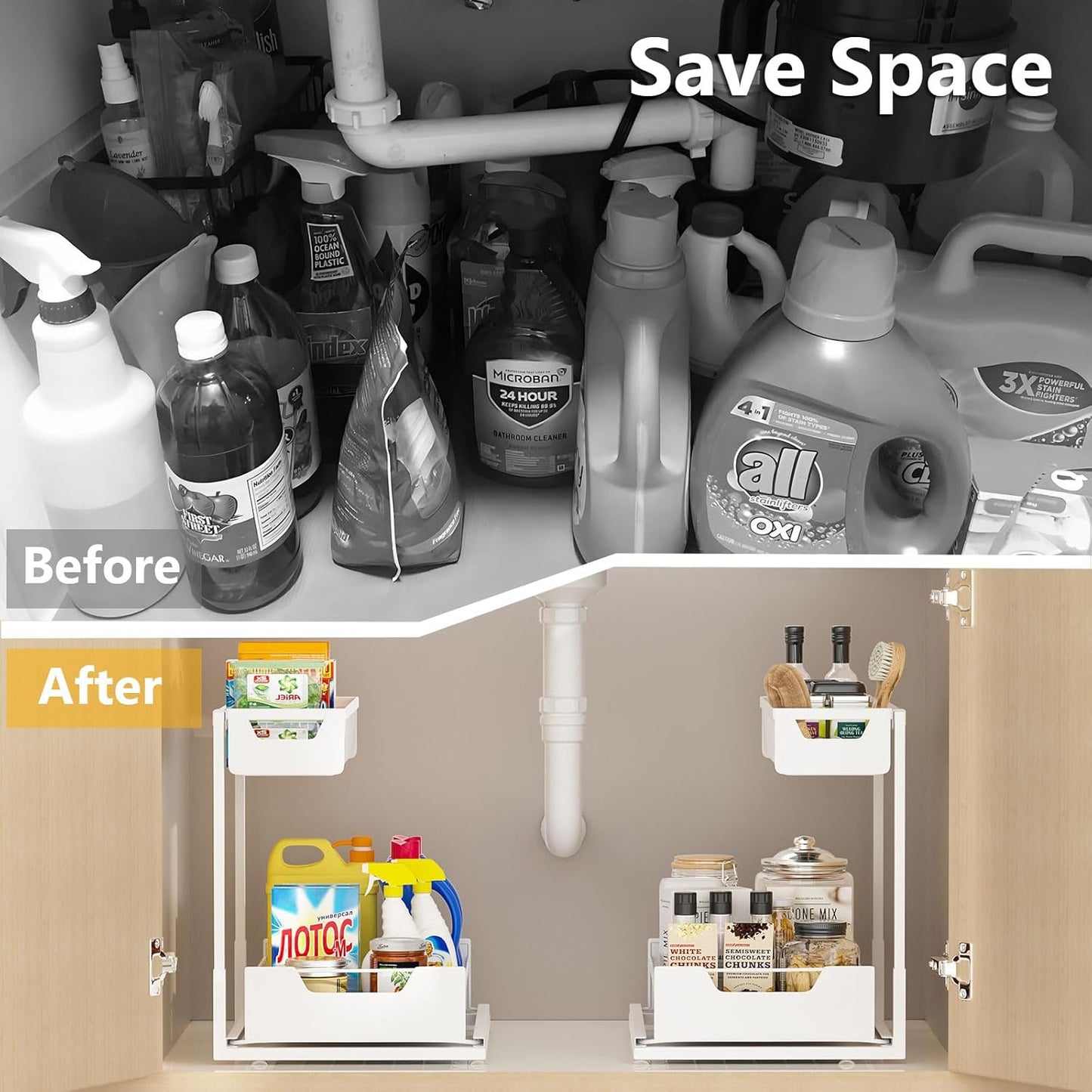 Under Kitchen Sink Organizers and Storage Pull Out 2 Tier Metal Bathroom Cabinet Organizer (White, 2 Pack)