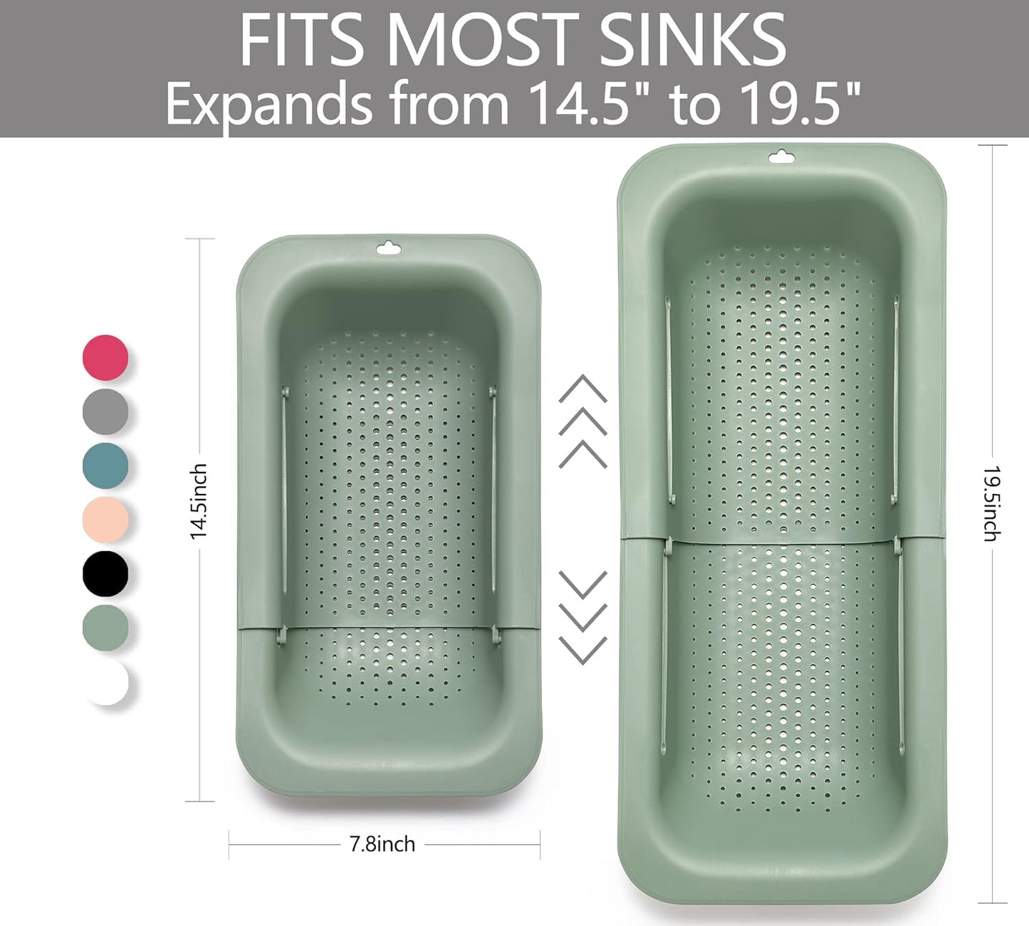 Adjustable Over the Sink Colander Strainer, Silicone Clip On Strainer for Pots Strainers and Plastic Colanders Drainer Basket for Food Pasta Vegetables Kitchen, Extendable 14.5"-19.5", Green