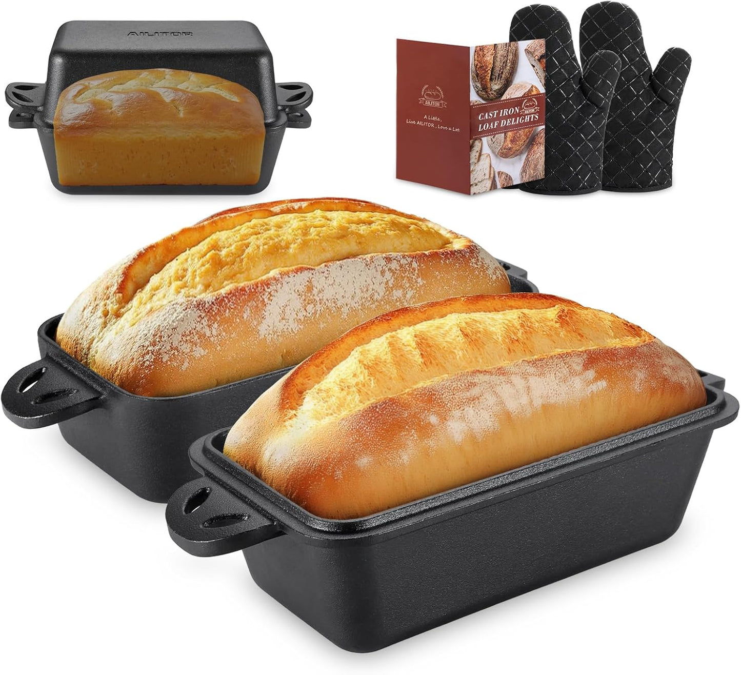 Cast Iron Loaf Pan with Lid 9x5 Inch - Bread Baking Pans for Homemade Bread, 2 Piece Set