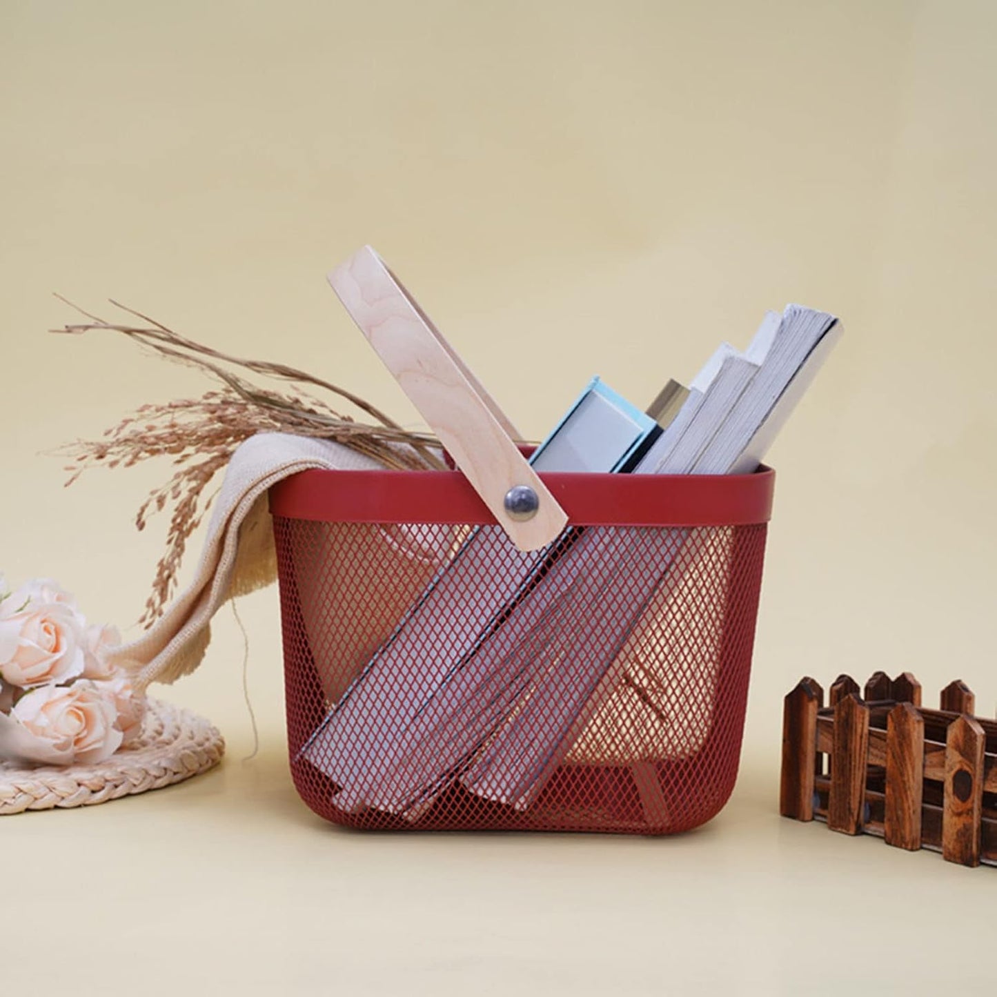 Metal Mesh Steel Basket, Storage Organizer Basket Multi-functional Hanging Kitchen Baskets Fruit Basket Bin with Bamboo Handle for Kitchen Bathroom Picnic Shopping Decor Cabinet Home, Red