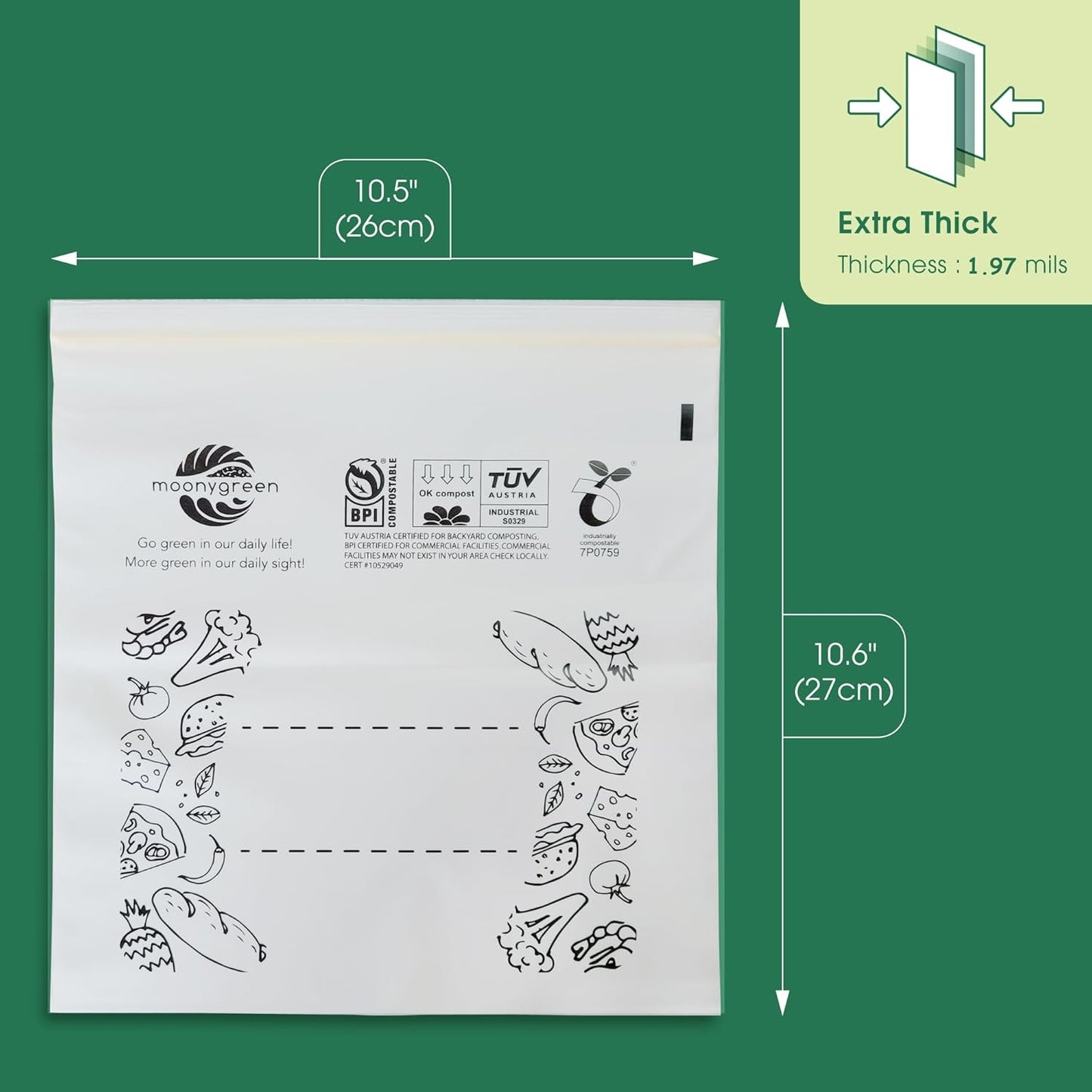 Compostable Food Storage Bags, Large Gallon Resealable Freezer Bags, 50 Count, 10.5 x 10.6 inches, Extra Thick, Certified US BPI ASTM D6400 Europe OK Compost