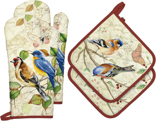 Vintage Bird Oven Mitts and Pot Holders Sets 4Pcs, 100% Cotton Heat Resistant, Extra Long Oven Gloves Potholder for Kitchen Cooking Baking Decoration