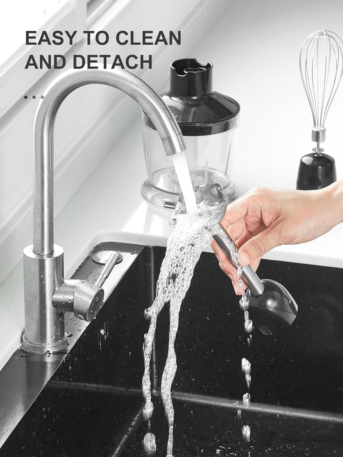 5-in-1 Hand Immersion Blender, 1000W Handheld, Copper Motor Stainless Steel Blade Stick, Mixing Beaker, Food Processor, Whisk, Milk Frother for Smoothies Puree Baby Food (Black)