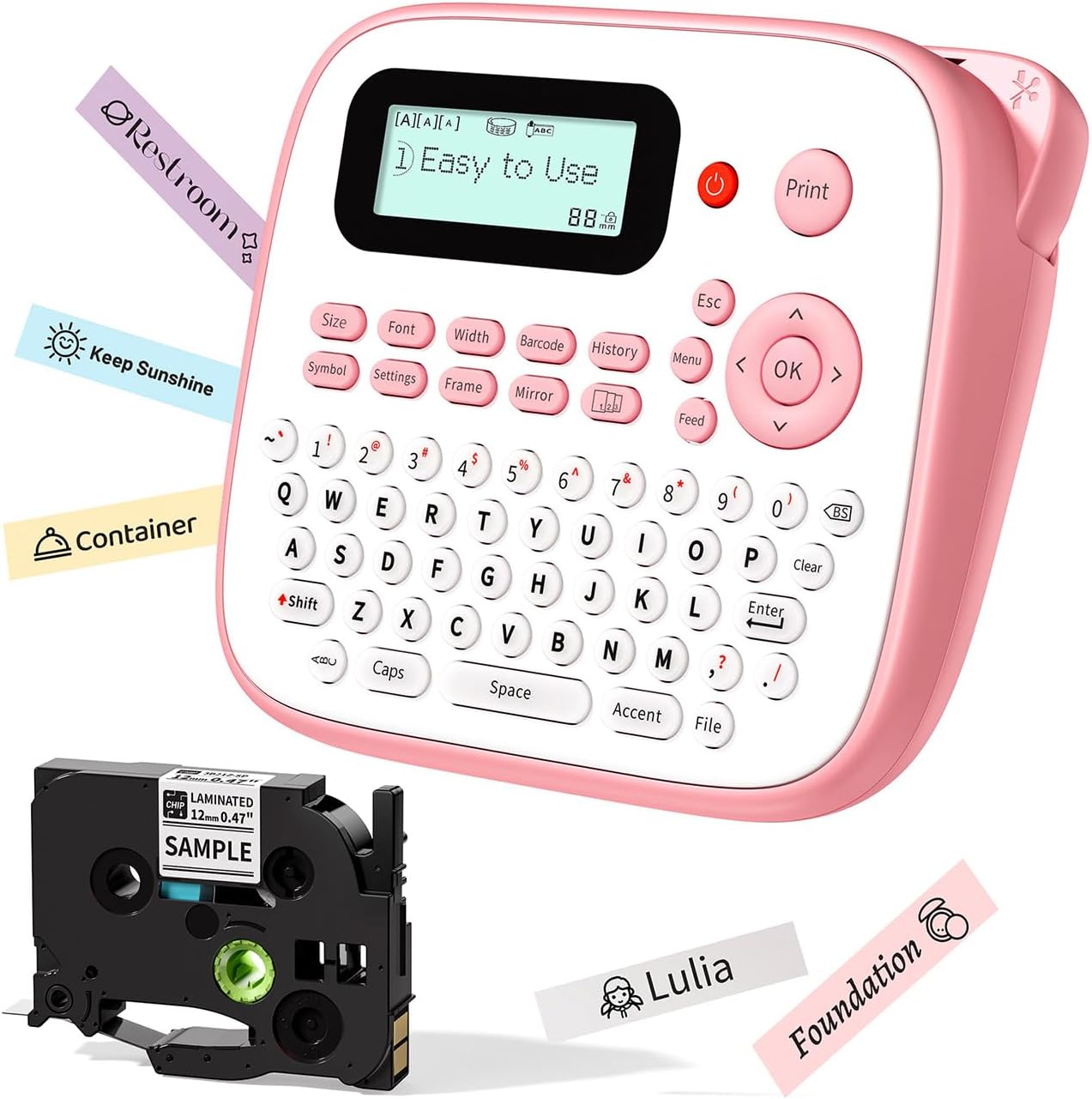 Pink Label Maker Machine with-Tape, Kids Label Maker Waterproof-Labels, D210S Portable Labeler Machine Multiple Fonts Frames Barcode for Home Kitchen Office School Use