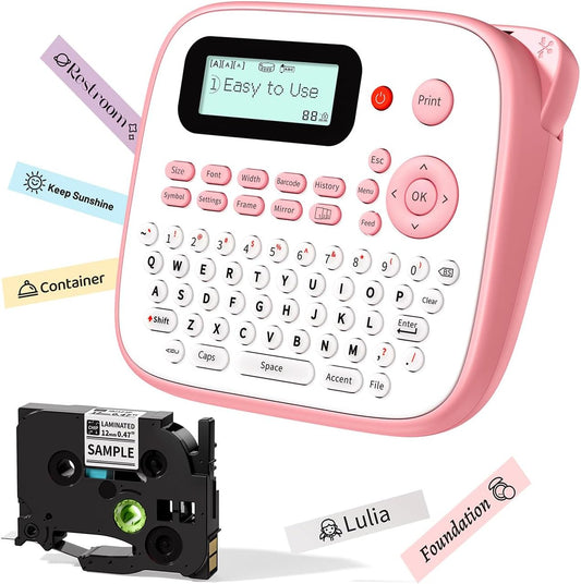 Pink Label Maker Machine with-Tape, Kids Label Maker Waterproof-Labels, D210S Portable Labeler Machine Multiple Fonts Frames Barcode for Home Kitchen Office School Use