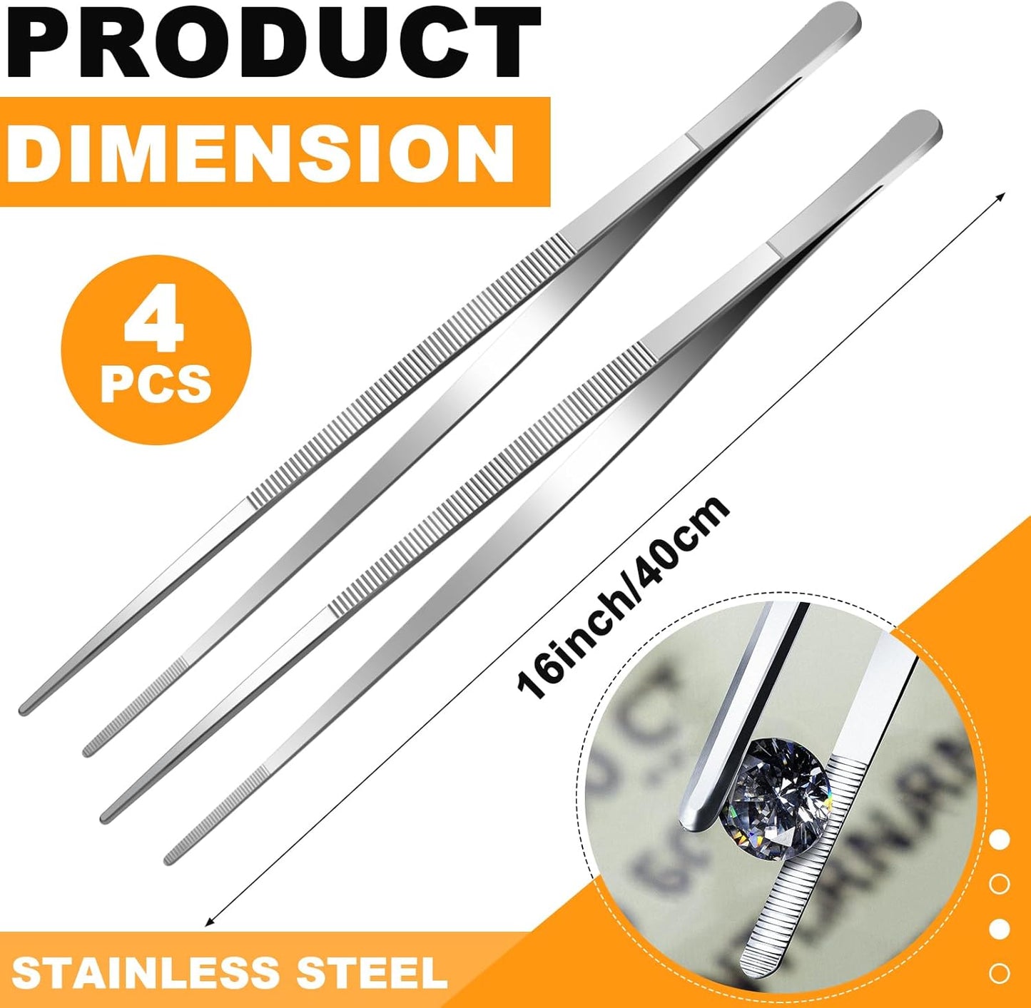 Yaomiao 4 Packs 16 Inch Bar Tweezers Silver Long Garnish Tongs Stainless Steel Kitchen Cooking Tongs Tweezers for Food Cocktail Korean BBQ Bartender Chef, Multi-use