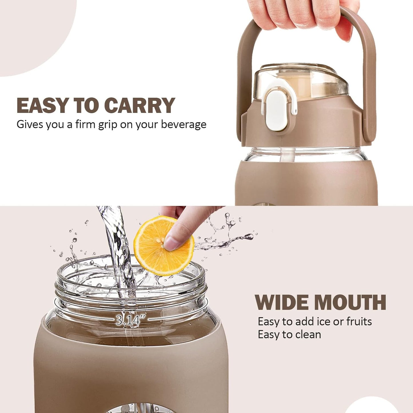 kytffu 64oz Glass Water Bottles with Straw, Half Gallon Motivational Glass Bottle with Silicone Sleeve and Time Marker, 2L Leakproof Large Glass Water Jug for Gym Home Office,Amber