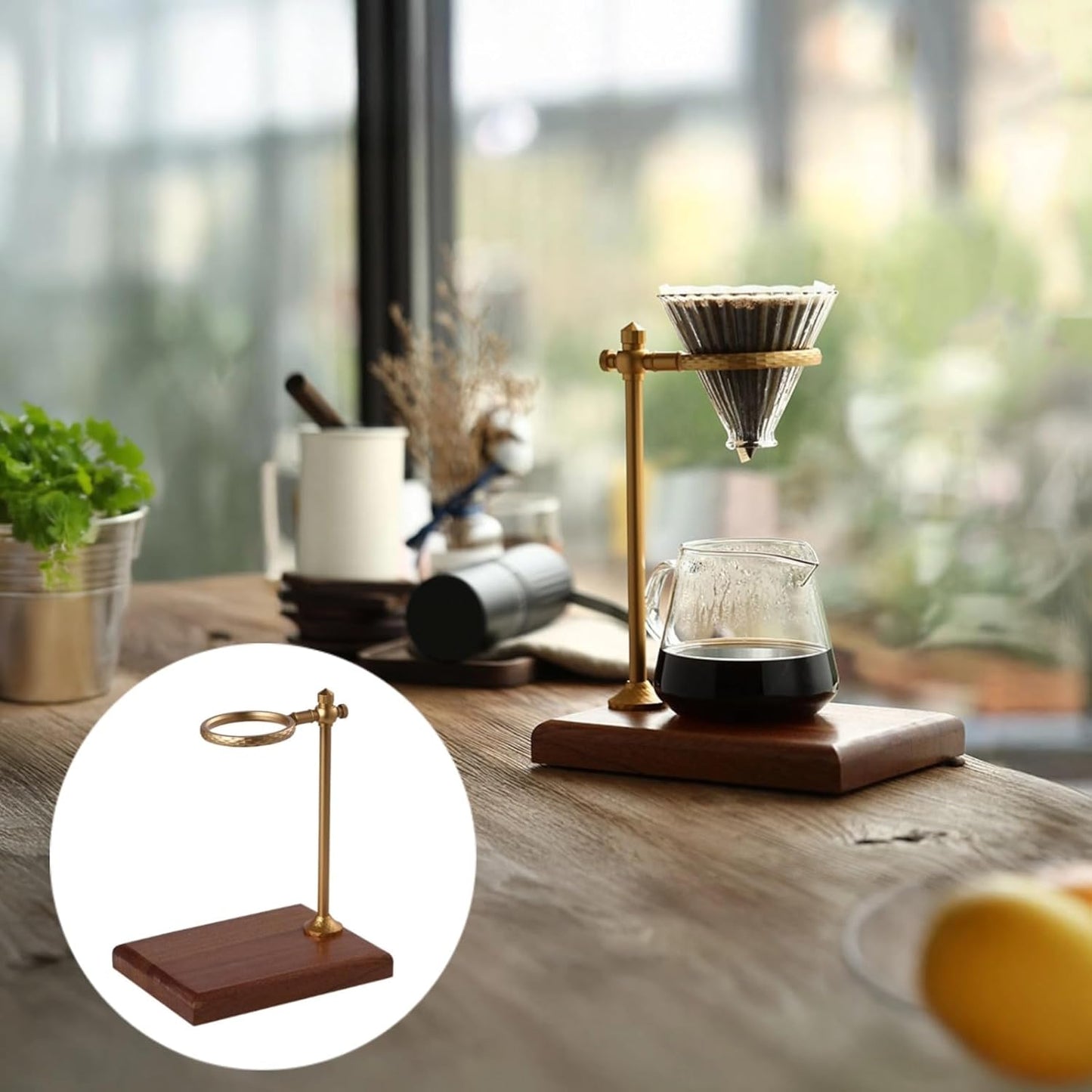 Pour Over Coffee Stand, Adjustable Dripper Holder, Solid Wood Base, Brass Metal Filter Brewer, Elegant Design for Home Office Cafe Bar Flavor Extraction