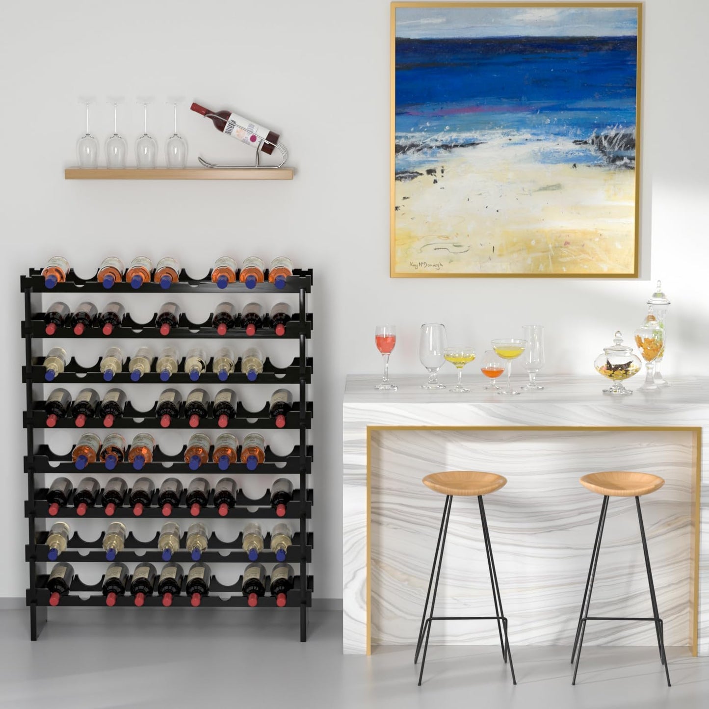 Domax Wine Rack Freestanding Floor - 8 Tiers Wine Bottle Holder 72 Bottle Stackable Bamboo Wooden Storage Racks Shelves for Kitchen, Bar, Pantry and Cellar (Black)