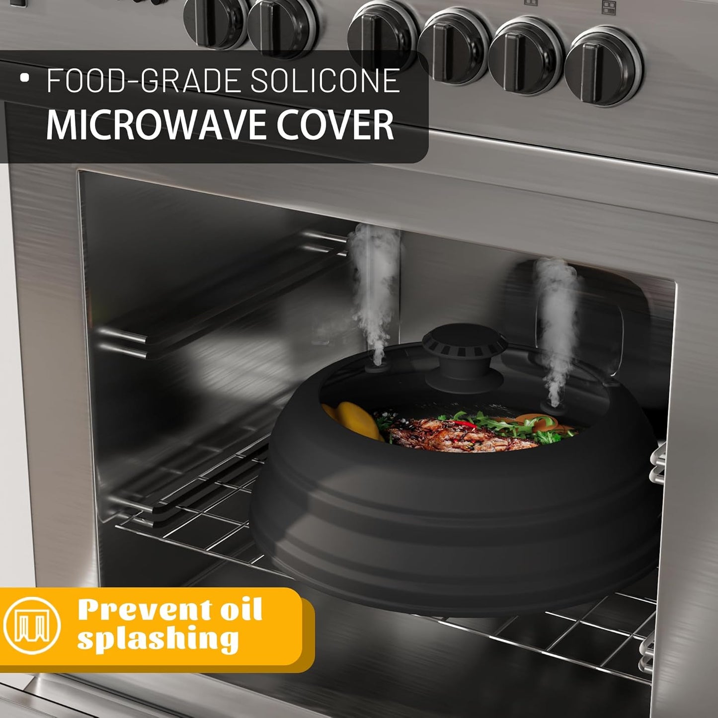 Collapsible Microwave Splatter Cover - Vented Silicone & Glass Lid with Easy-Grip Handle, Fits 6 to 10 Inch Plates & Bowls, 10.8 Inch Diameter, Prevents Splatters & Ensures Even Heating