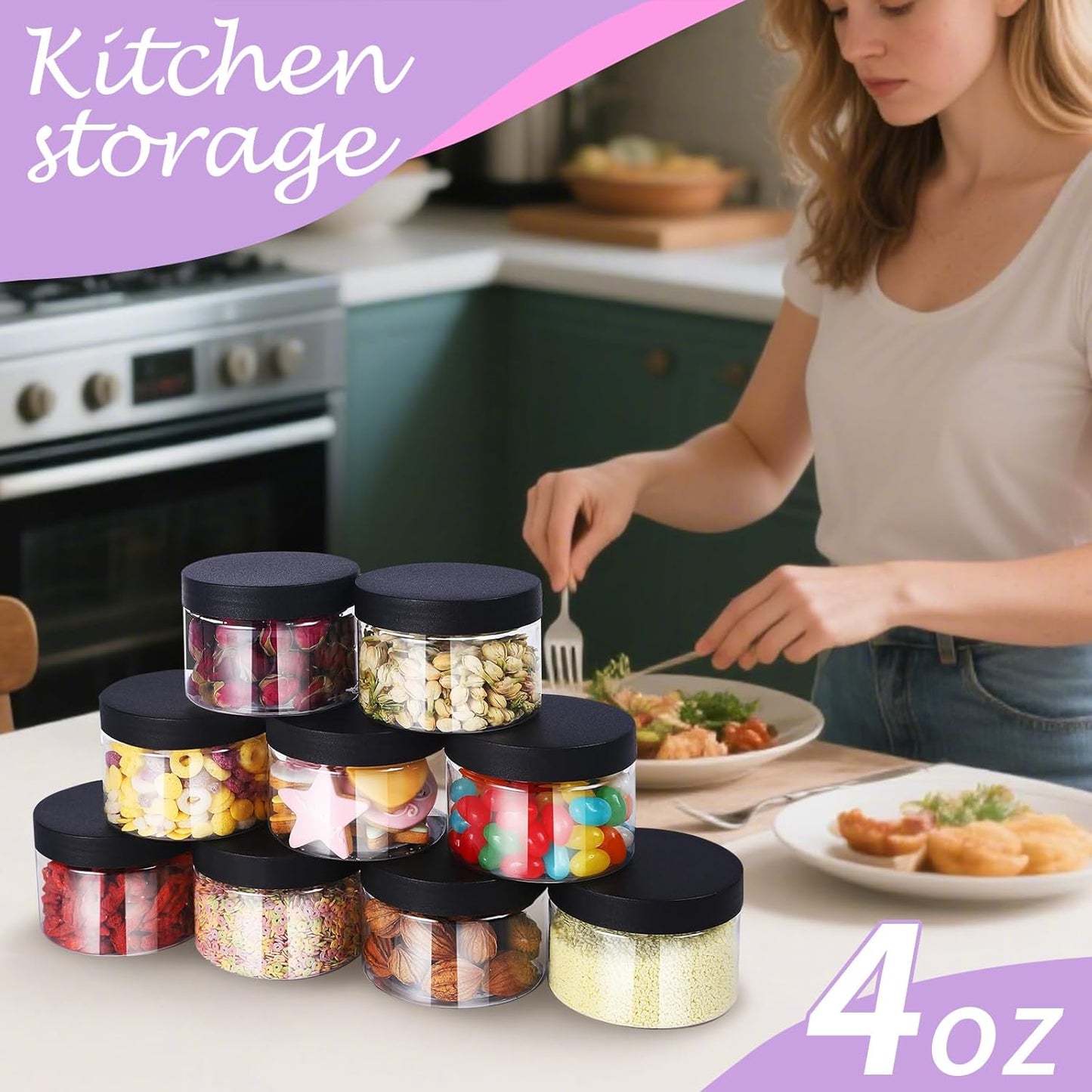 72 PCS 4 OZ Plastic Jars with Screw On Lids,Labels Refillable Empty Round Slime Cosmetics Containers for Storing Dry Food, Honey Jam, Cream, Butter, Lotion, black