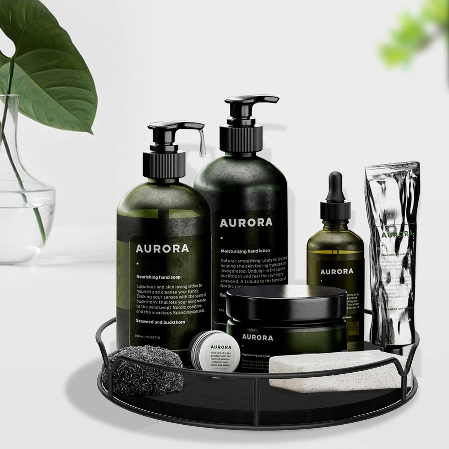 Lazy Susan Turntable Organizer with Anti-Slip Mat for Cabinet Pantry Kitchen Countertop Refrigerator Office, Pine Wood, 10", Black