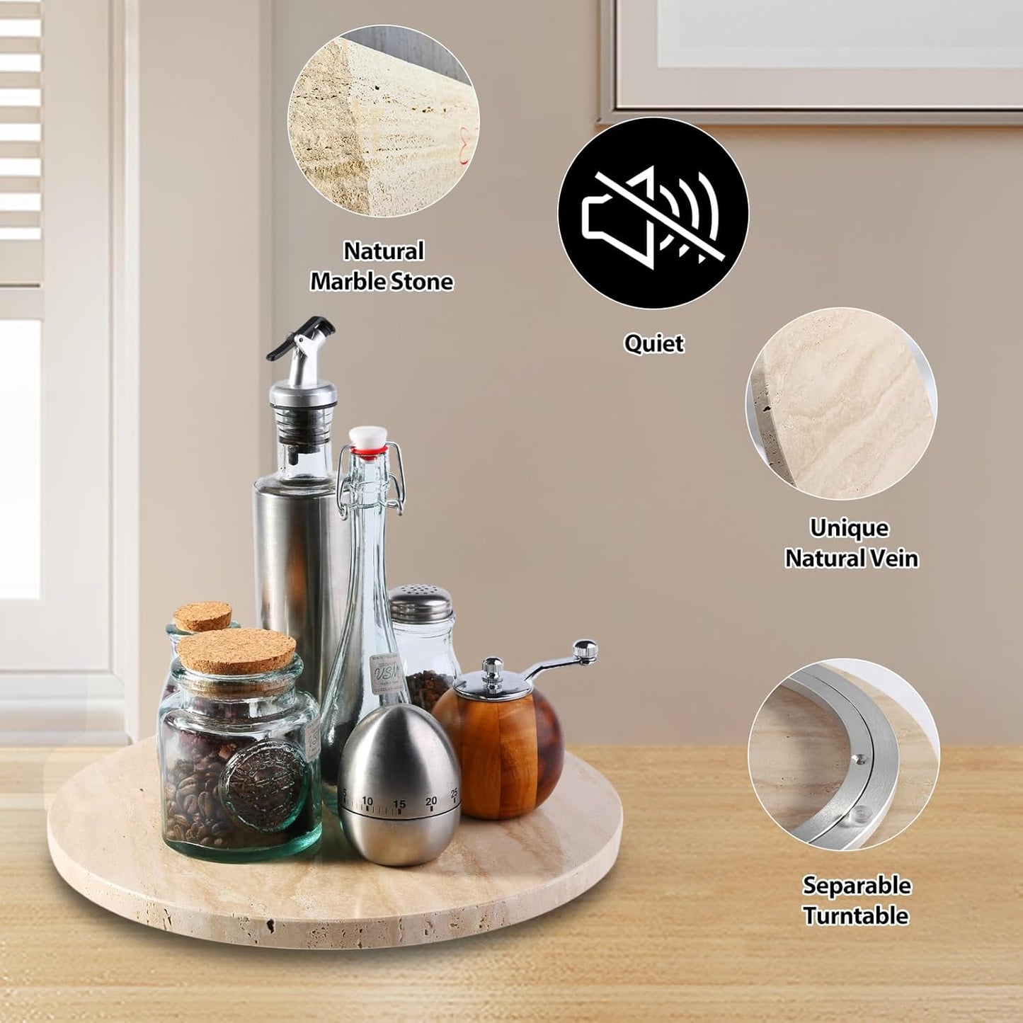 Travertine Lazy Susan for Table Top, 12 in Lazy Susan Turntable Organizer for Cabinet Pantry Kitchen Countertop Fridge Bathroom Makeup Vanity Countertop