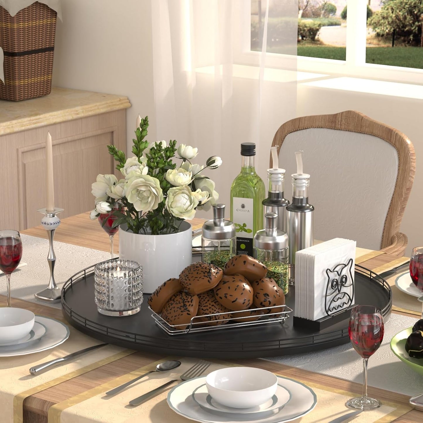 24" Oak Wooden Lazy Susan Turntable for Dining Table, Extra Large Round Lazy Susans Organizer for Kitchen Countertop Charcuterie Boards Cheese Board Organization and Storage Black Home Decor