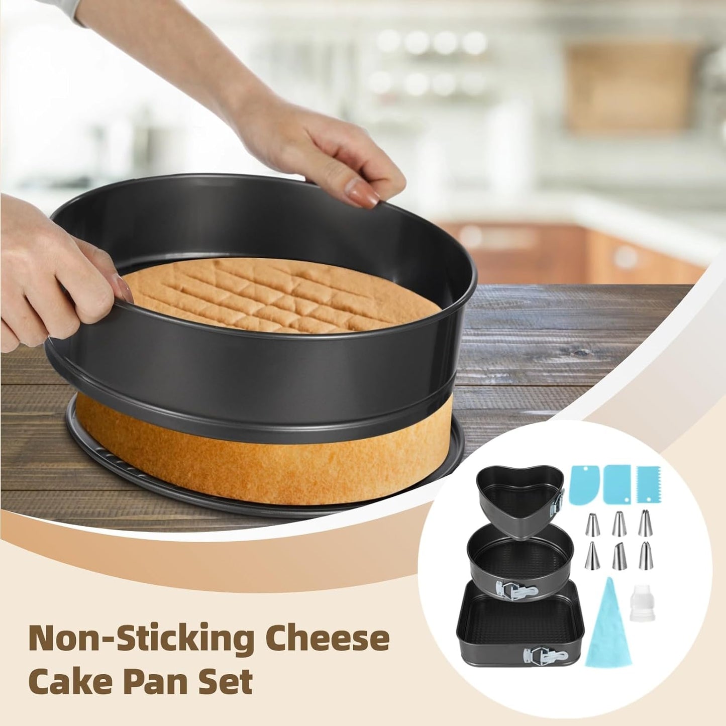 Springform Cake Pans Set, 3 PCS Non-stick Cheesecake Pan with Removable Bottom (8.6/9.4/10.2 Inches), Leakproof Heart Round Square Shapes Cake Pan with Piping Tips, Cake Leveler