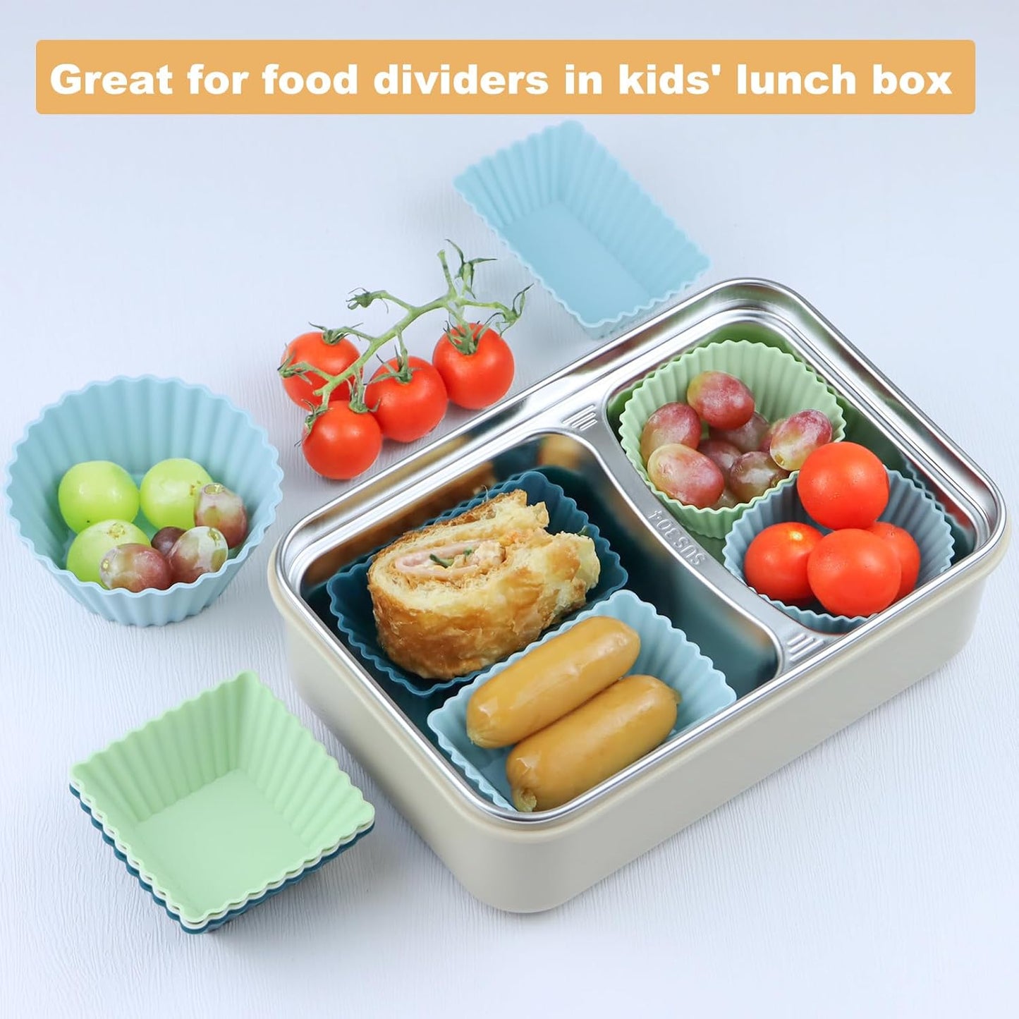 24Pack Silicone Muffin Cups, Reusable Cupcake Liners Molds for Baking, 3 Shapes Lunch Box Bento Dividers-Round, Square, and Rectangular (Neutral Colors, Large Size)