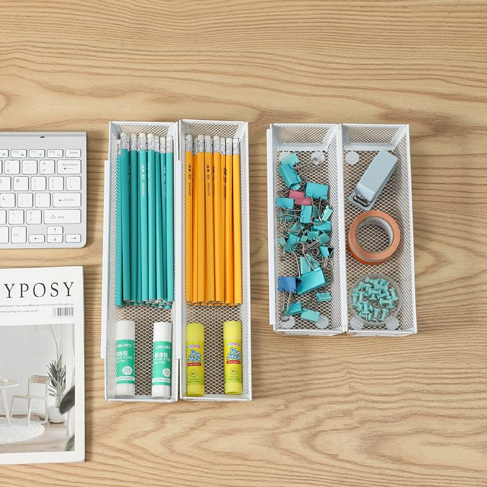 Mesh Tray Kitchen Drawer Utensil Cutlery Tray Office Supplies with Inter-locking Arm Drawer Dividers Organizer for Silverware, Flatware, Home,Office, School,Bedroom(9＂X3＂6pack) White