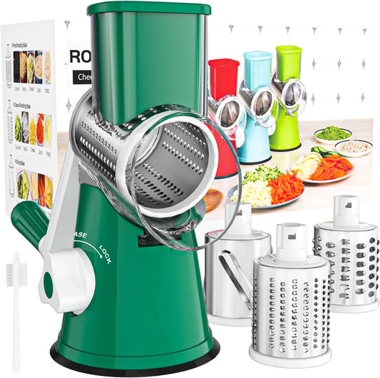 Cambom Rotary Cheese Grater Hand Crank Cheese Shredder for Fresh Cheese, Vegetable, Nuts,Non-slip Suction Base, Free Cleaning Brush Three Blades, Deep Green